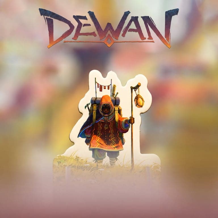 Doos van het bordspel Dewan van Space Cowboys, met een reiziger met rugzak en staf op een gouden grasveld