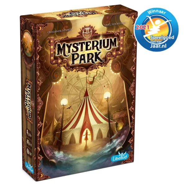 Voorkant van de doos het bordspel Mysterium Park, Speelgoed van het Jaar 2021